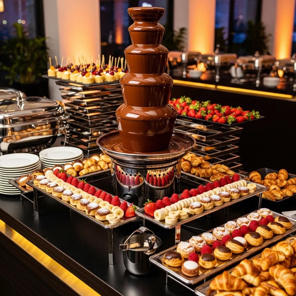 Schokoladenbrunnen mit köstlichen Snacks. Schokobrunnen mieten