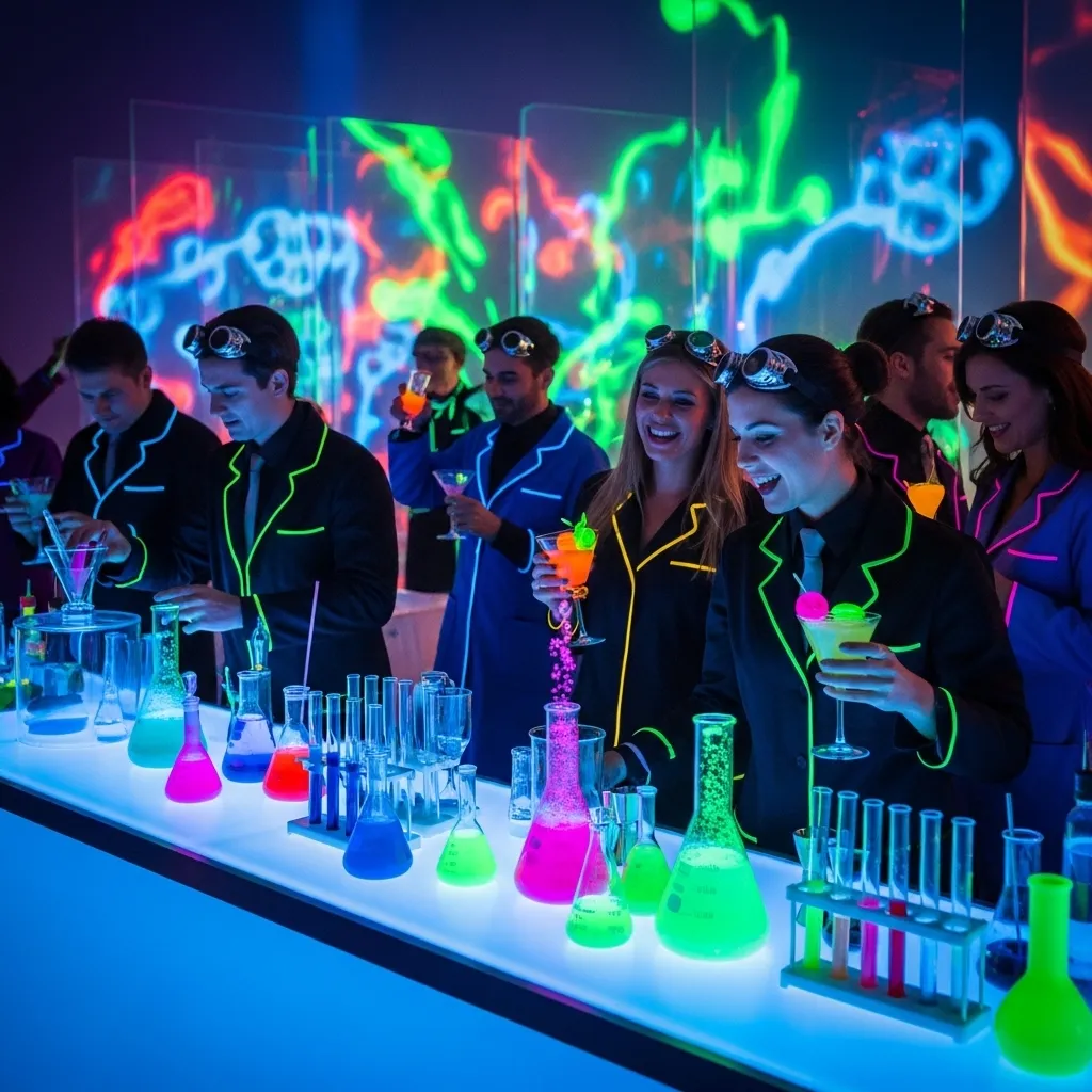 Bunte Chemikalien und feiernde Gäste. Science Lab Birthday Party organisieren 