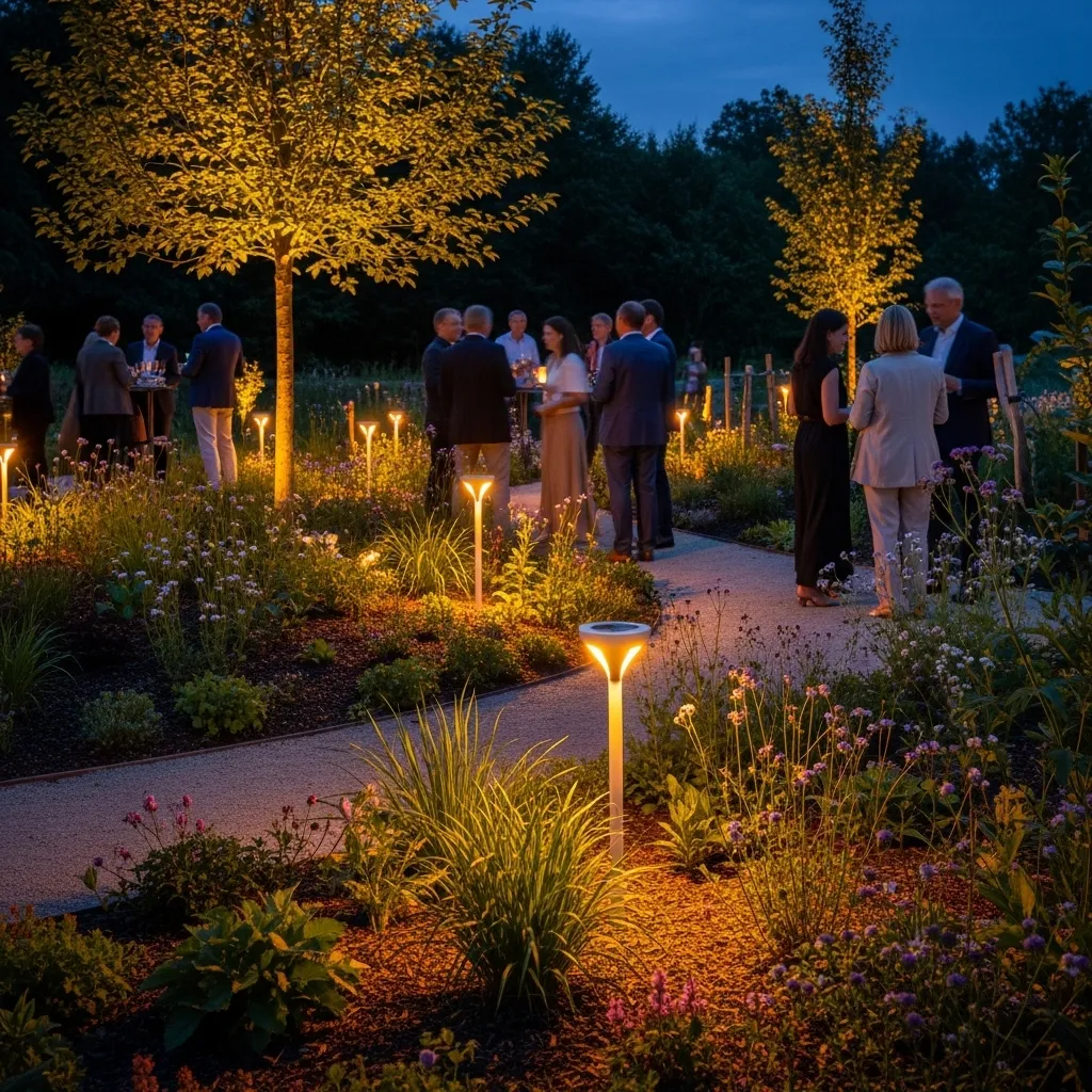 Abendveranstaltung im Garten mit Beleuchtung. Solar Fackeln mieten für Events