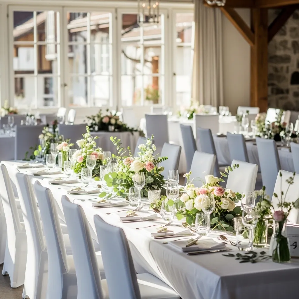 Elegante Tischdekoration für eine Hochzeit. Stuhlhussen mieten für Hochzeit – Stilvoll und flexibel feiern