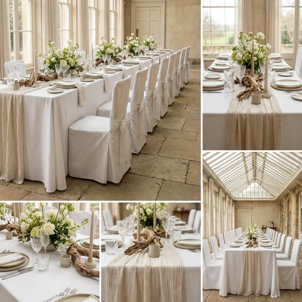 Elegante Tischdekoration für Hochzeiten. Stuhlhussen mieten für Firmenfeiern und Events