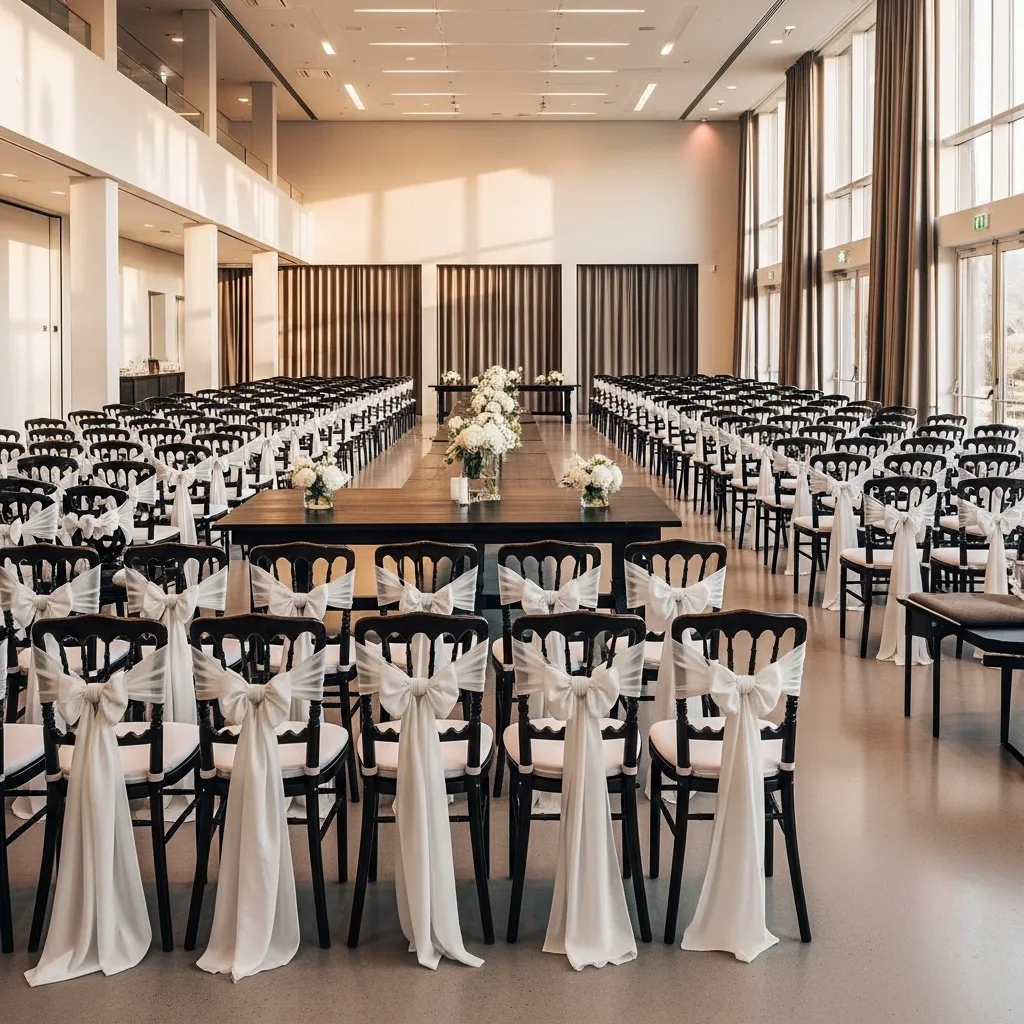 Elegante Stuhlreihen für eine Veranstaltung. Stuhlschleifen mieten für Events