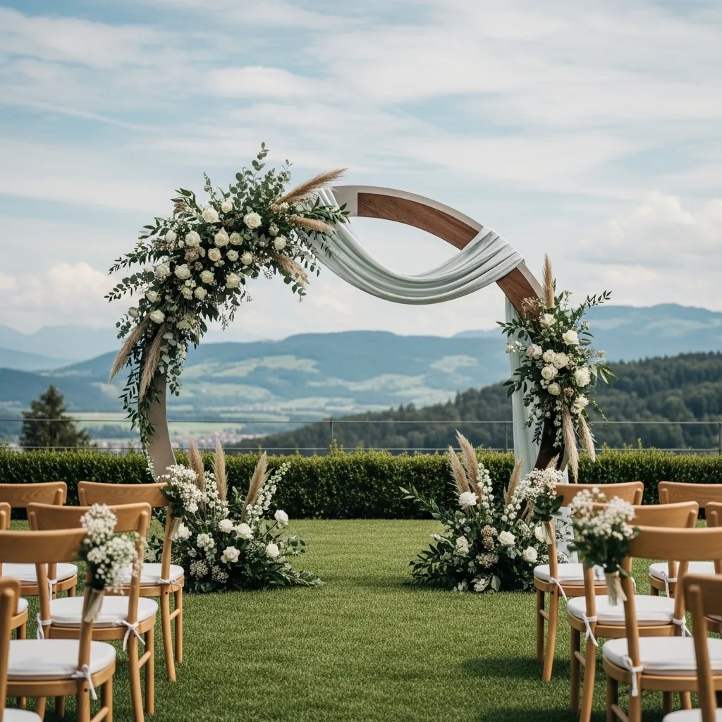 Hochzeitsbogen mit Blumen und Landschaft.Traubogen mieten für Hochzeit