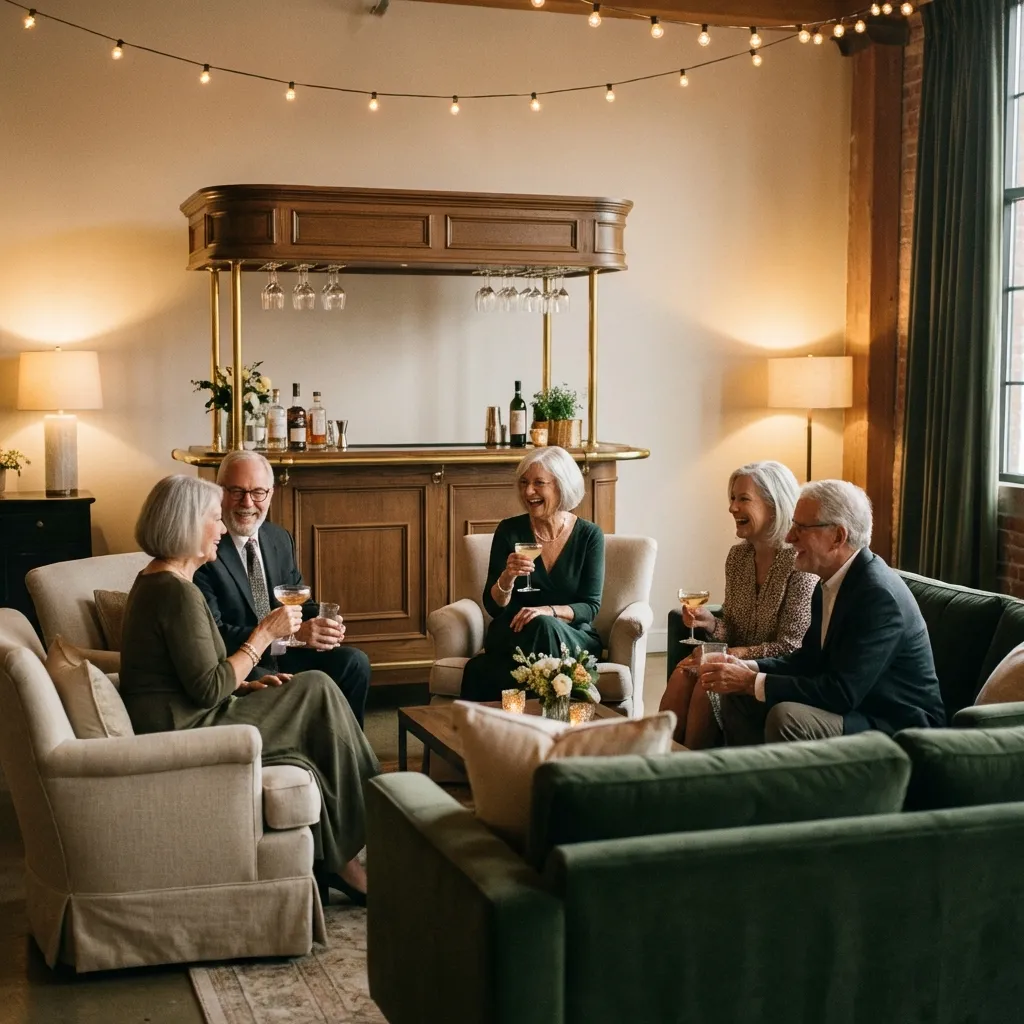 Geselliges Treffen in stilvollem Raum. ü 60 Party planen mit M Dubach Barvermietung