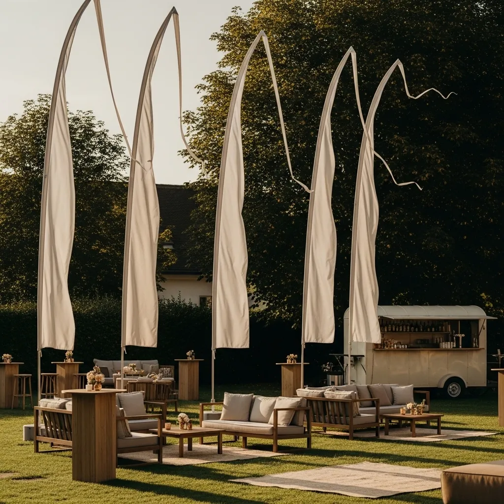 Elegante Lounge mit weißen Fahnen. Bali Fahnen mieten günstig