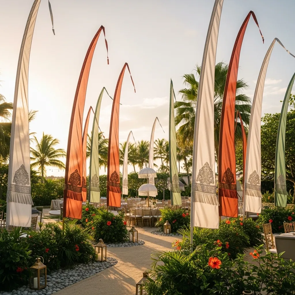 Bunte Fahnen in tropischer Umgebung. Bali Fahnen mieten für Dekoration