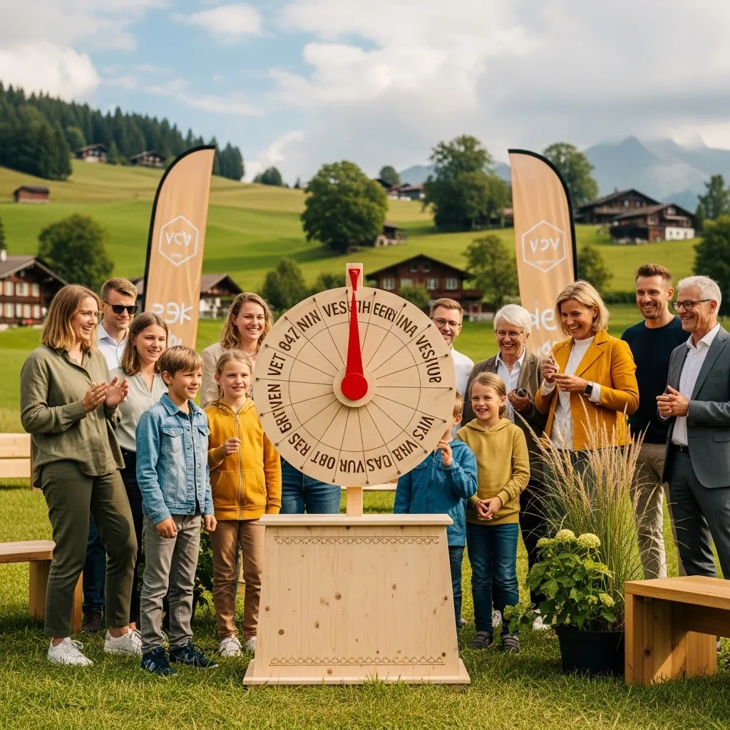 Menschen feiern um ein Glücksrad. Glücksrad Verleih Services für Events in der Schweiz