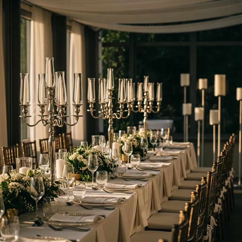 Elegante Tischdekoration mit Kerzenständern.Kerzenständer mieten: Deko für Events