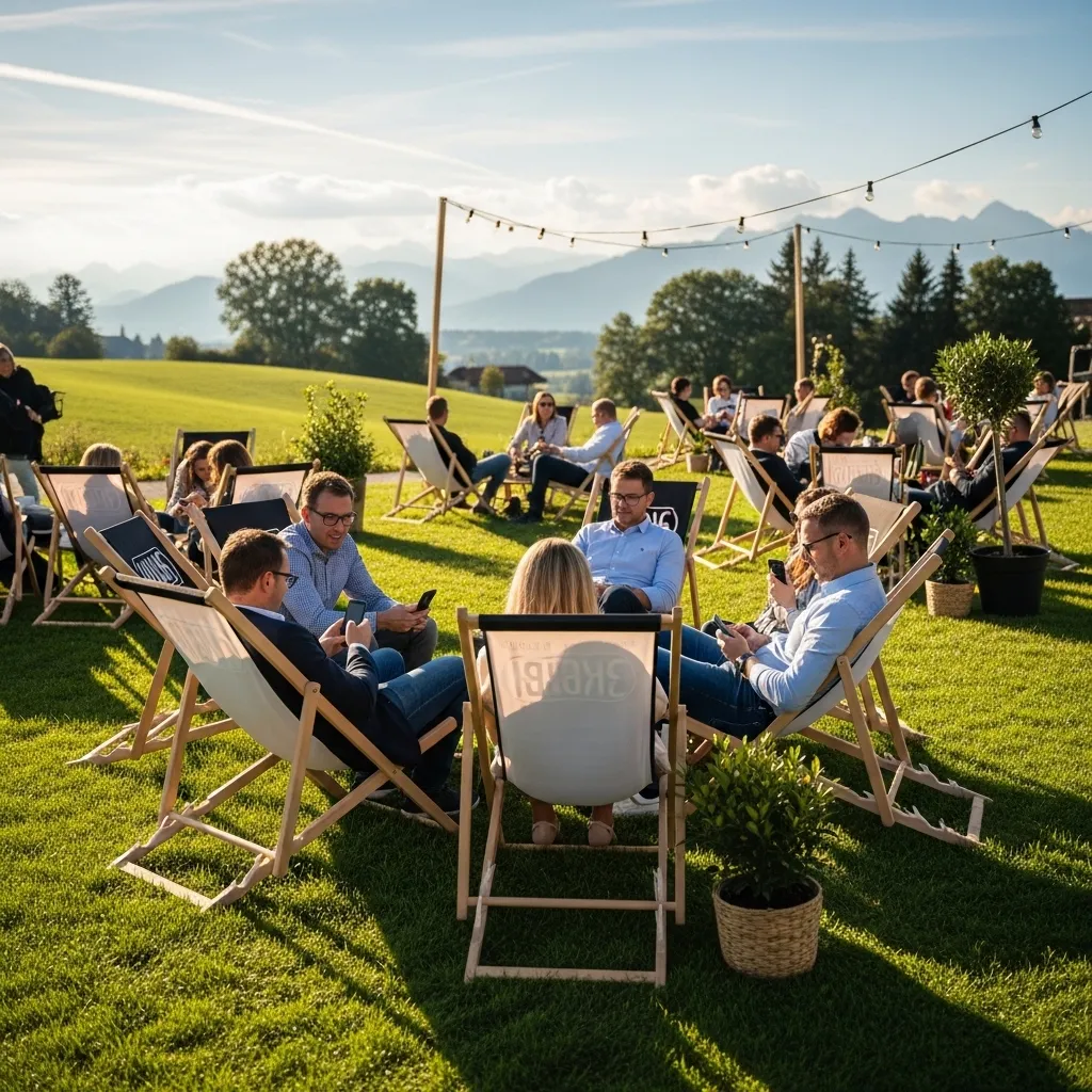 Entspannte Menschen in Liegestühlen im Freien. Liegestühle mieten günstig
