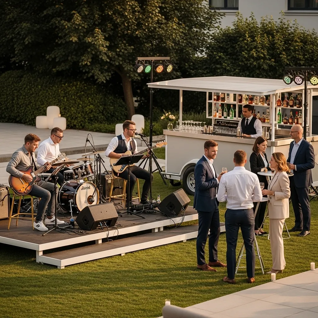 Band spielt, Gäste genießen den Abend. Livemusik für Corporate Events buchen
