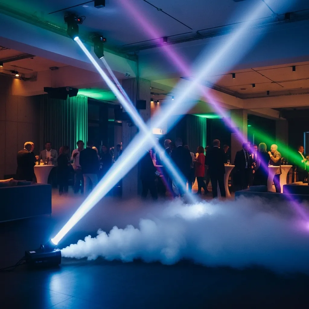 Lichtstrahlen und Nebel auf Party. Nebelmaschine mieten günstig in der Schweiz: Preise, Tipps für Events und Partys sowie flexible Mietlösungen in Ihrer Nähe.