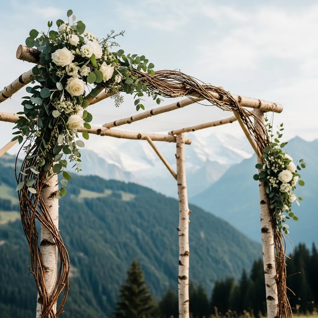 Hochzeitsbogen mit Blumen und Natur. Traubogen mieten in der Nähe