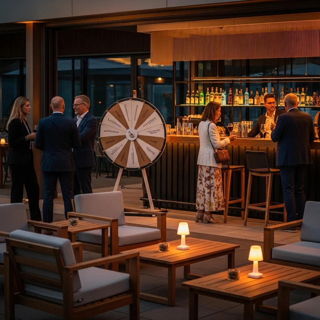 Gesellige Atmosphäre mit Glücksrad und Bar. Partyunterhaltung mit einem Glücksrad