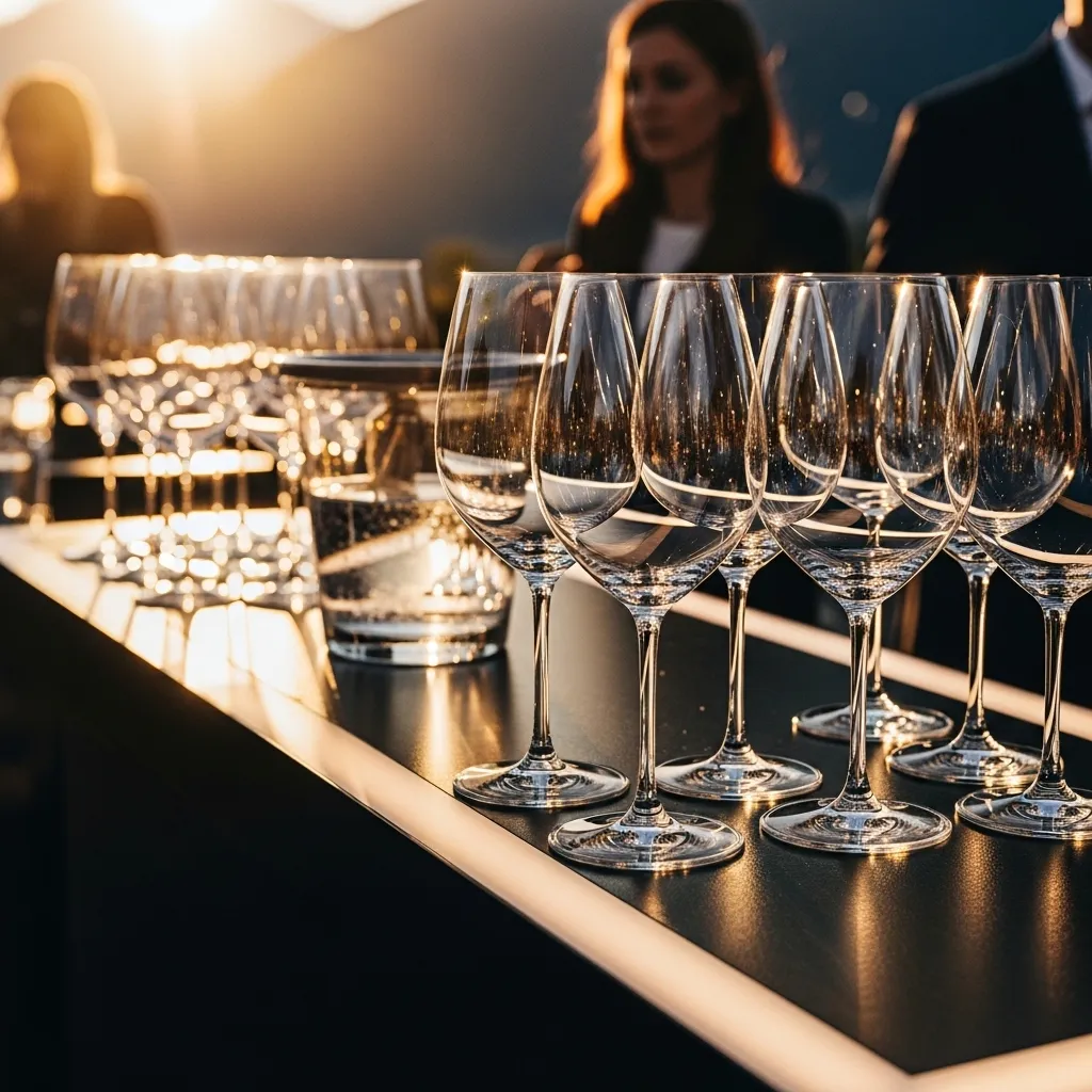 Weingläser auf einem Tisch bei Sonnenuntergang. Weingläser mieten für Party