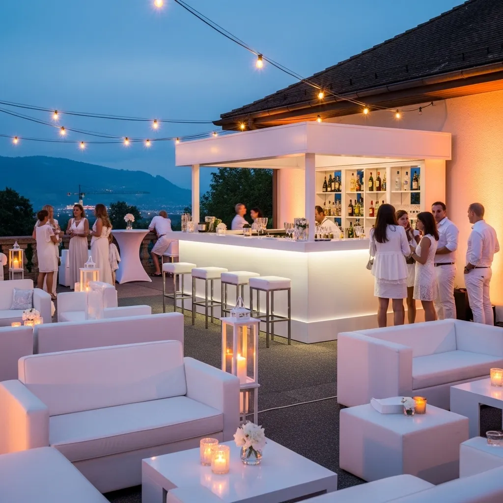 Elegante Outdoor-Party mit Beleuchtung. White Party organisieren mit openairbar.ch