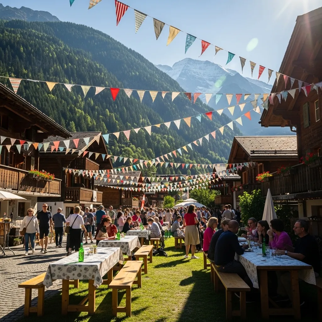 Festliche Atmosphäre in den Bergen. Wimpelketten mieten für Feier