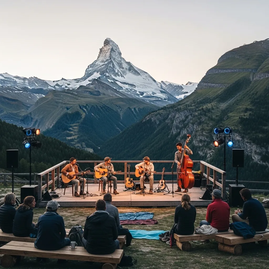 Musikaufführung mit Matterhorn-Hintergrund.Zermatt Unplugged 2026 News & Event-Highlights
