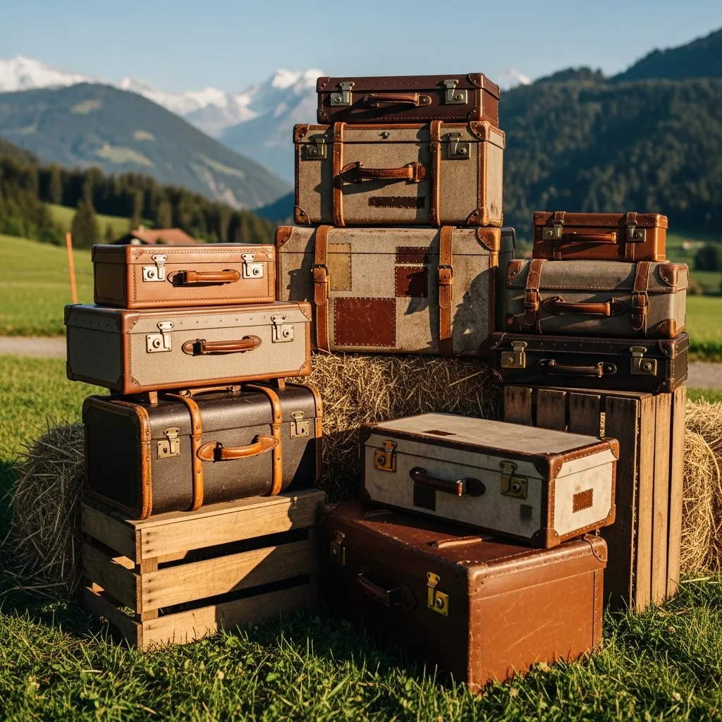 Haufen alter Koffer auf Heu. Alte Koffer mieten für Hochzeiten