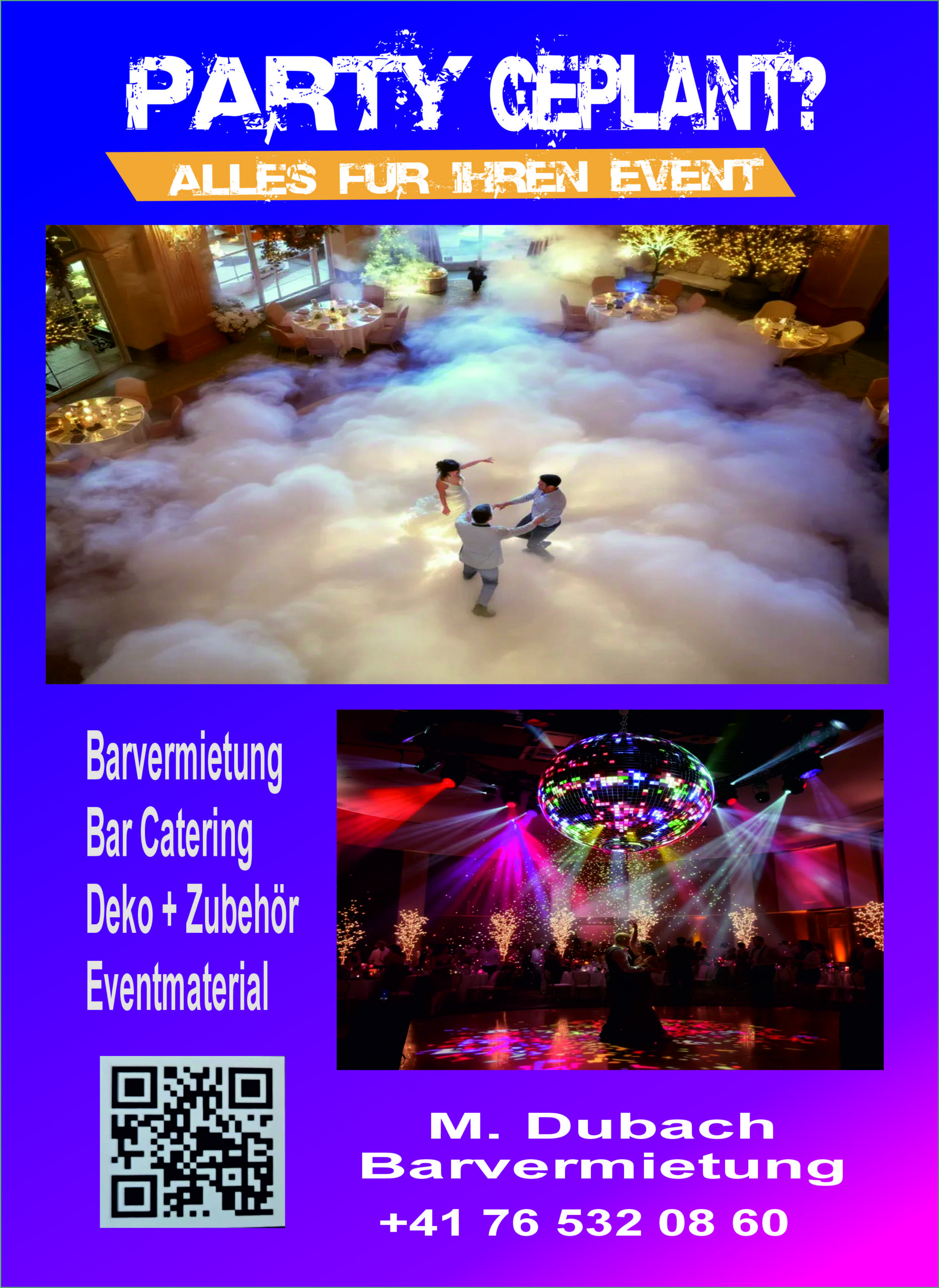 Partyplanung und Eventdienstleistungen angeboten. Discokugel und Nebelmaschine für Hochzeit mieten