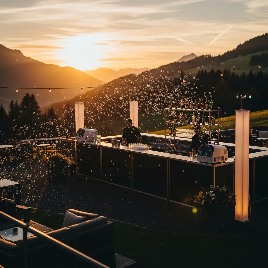 Sonnenuntergang über einer Bar mit Seifenblasen. Seifenblasenmaschine mieten für Kindergeburtstage