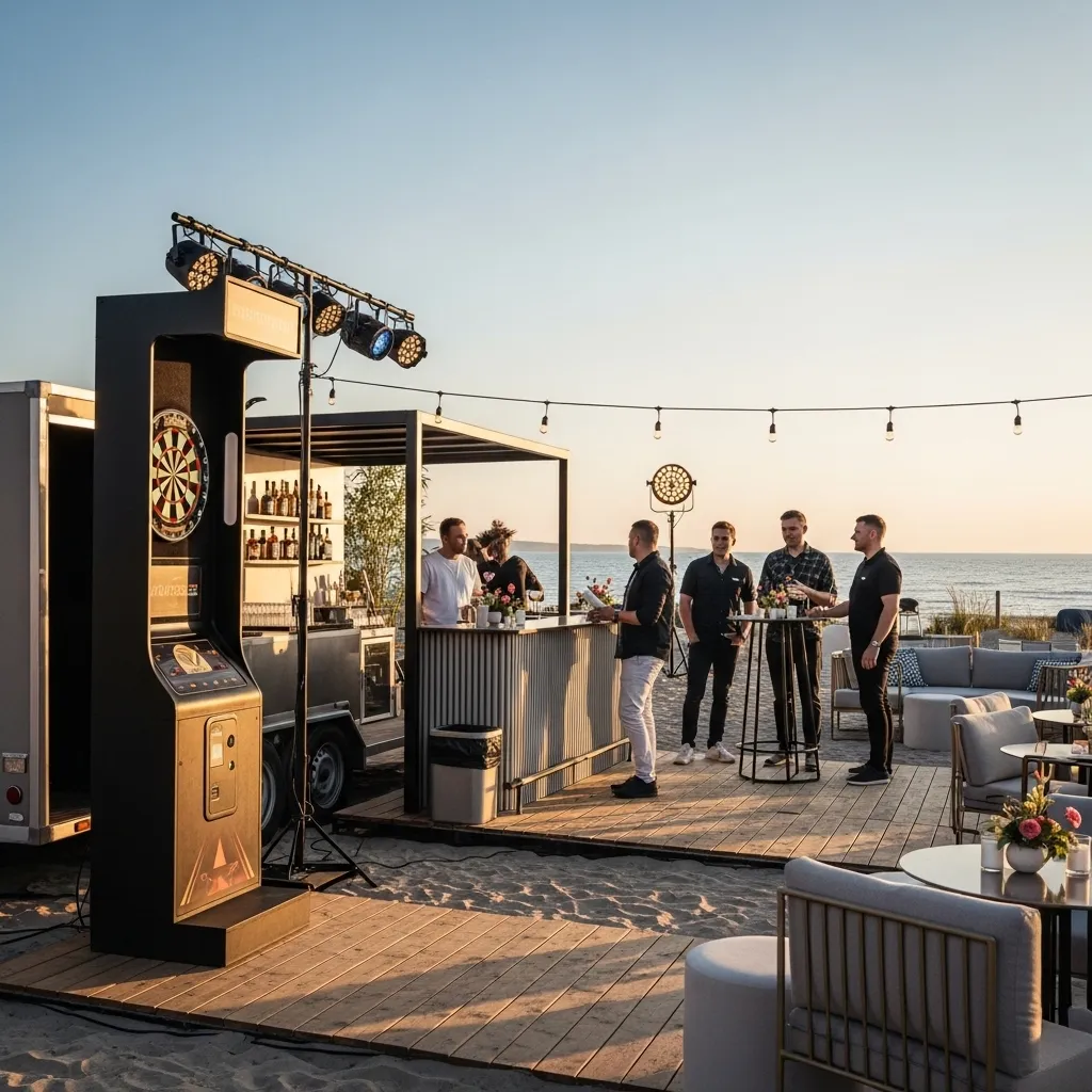 Strandbar mit Dartspiel und Gästen. Dart mieten Zürich