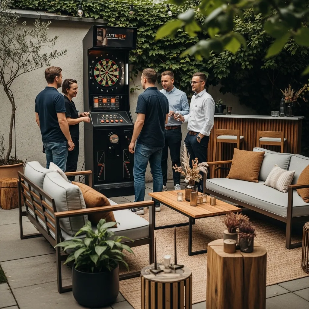 Freunde spielen Darts im Garten. Dart mieten