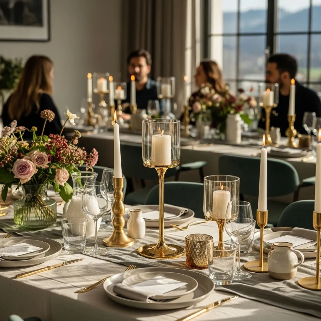 Elegante Tischdekoration für festliche Anlässe. Kerzenständer mieten für Geburtstage