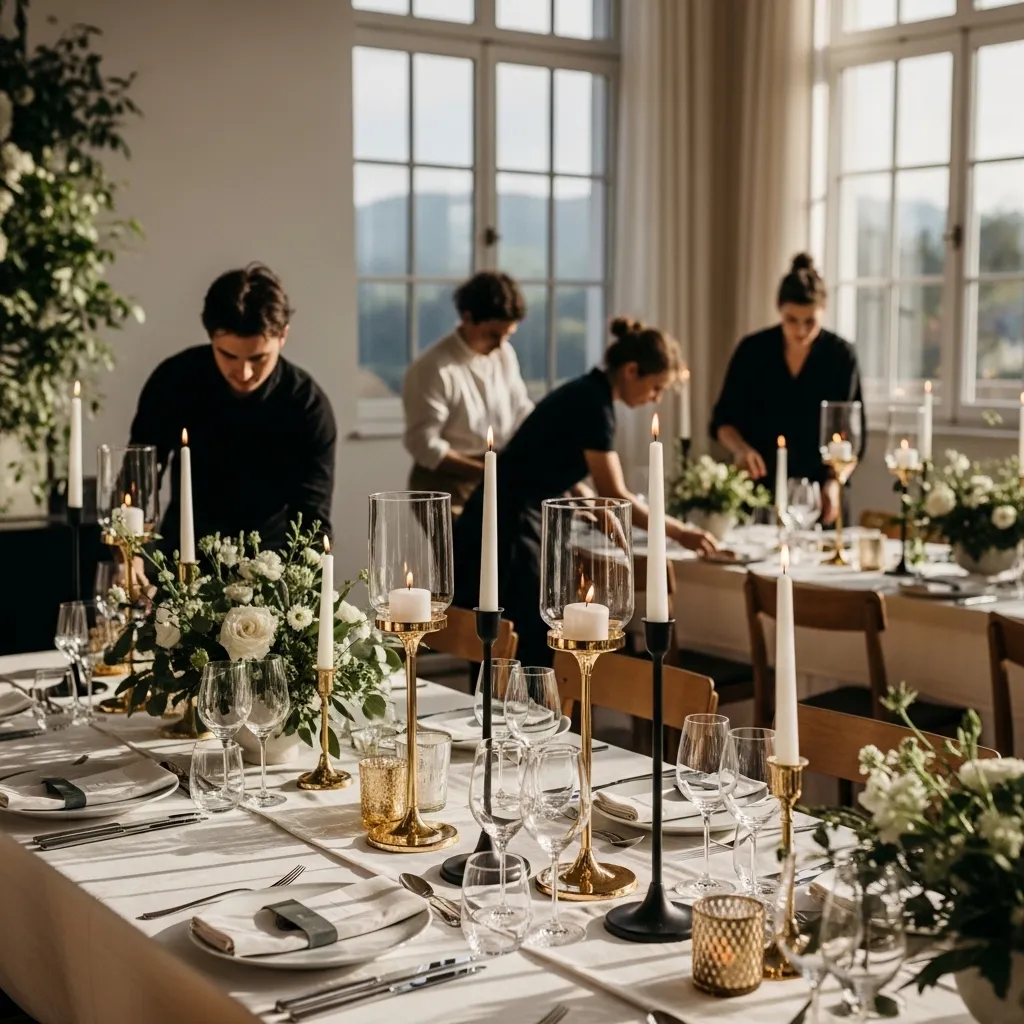 Elegante Tischdekoration für eine Hochzeit. Kerzenständer mieten für Hochzeit
