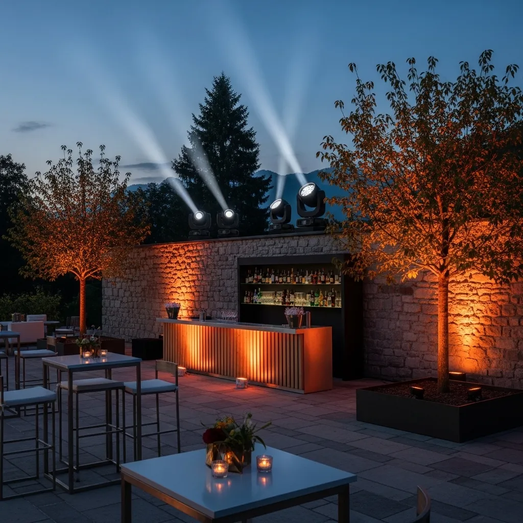 Beleuchtete Terrasse mit Bar und Bäumen. Led Akku Par Scheinwerfer mieten