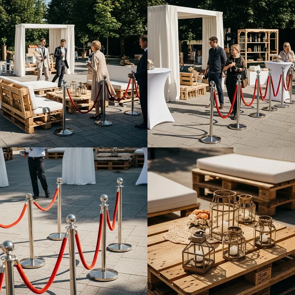 Elegante Veranstaltung im Freien mit Dekoration.Personenleitsystem mieten in der Schweiz: Tipps zu Planung, Einsatz, Kosten und Aufbau für Events, Hochzeiten, Firmenfeiern und Festivals.
