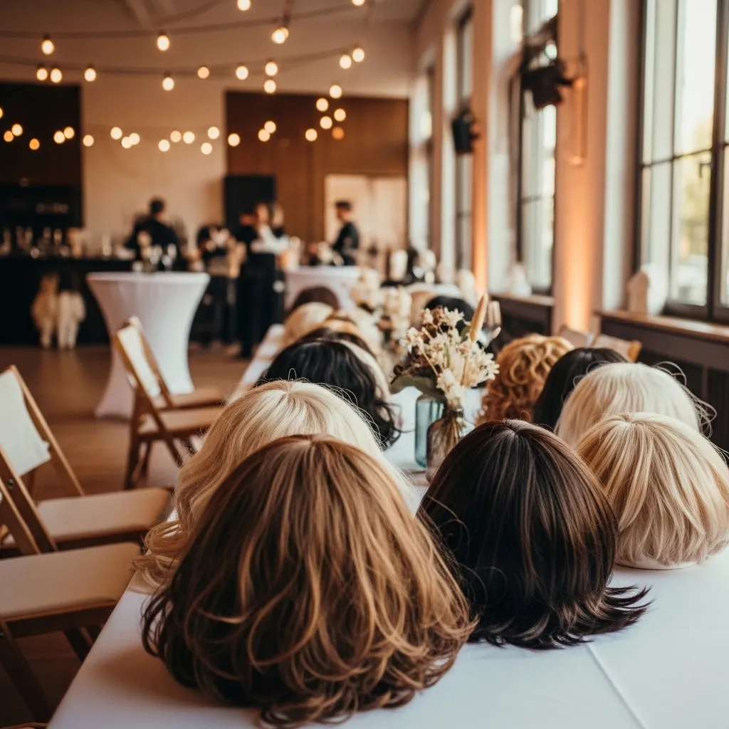 Perücken auf einem Tisch für Veranstaltungen. Perücken mieten perfekt für Events und Feiern