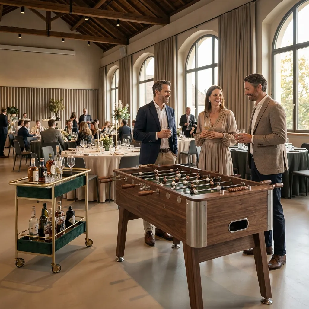Drei Personen spielen Tischfußball. Töggelikasten mieten – Spielidee für Events in der Schweiz zusammen.