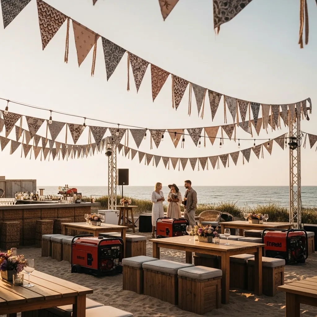 Strandparty mit Wimpeln und Tischen. Wimpelkette mieten für Party Hochzeit und Event in der Schweiz