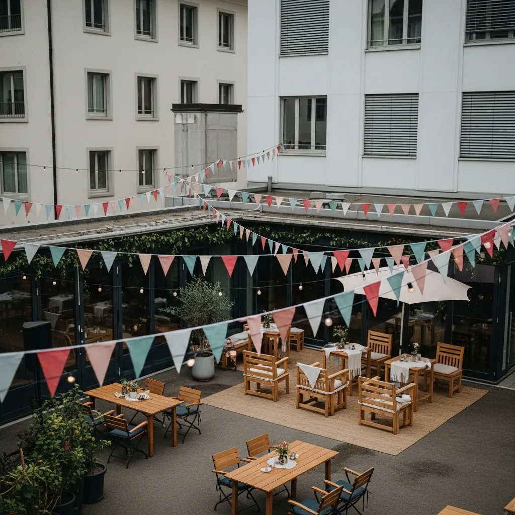 Gemütlicher Innenhof mit Wimpelketten. Wimpelketten mieten Zürich