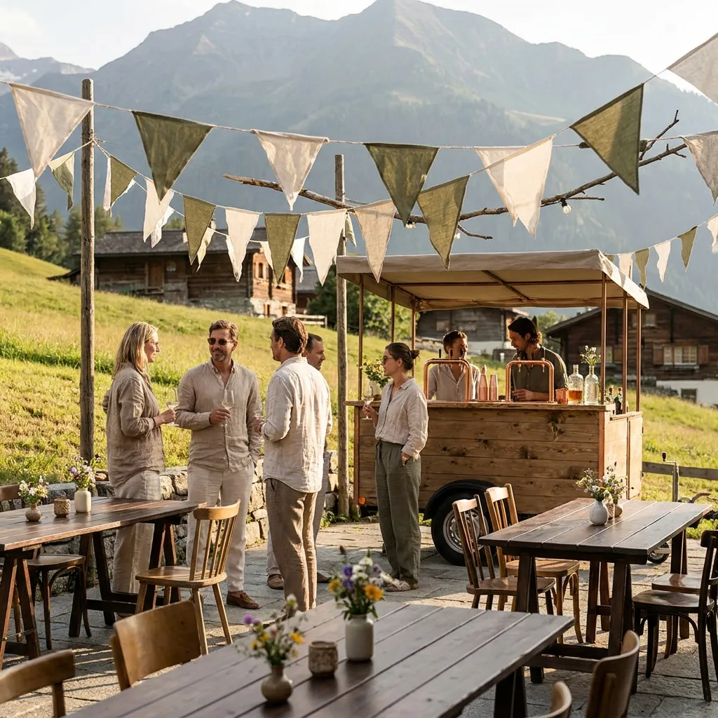 Gesellige Menschen unter Wimpelketten. Wimpelketten mieten für Hochzeiten 