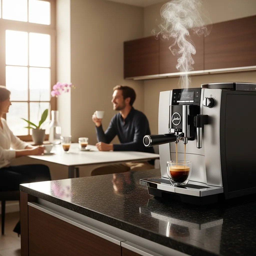 Moderne Kaffeemaschine in stilvoller Küche. Jura Kaffeemaschine: Qualität für Kaffeegenuss